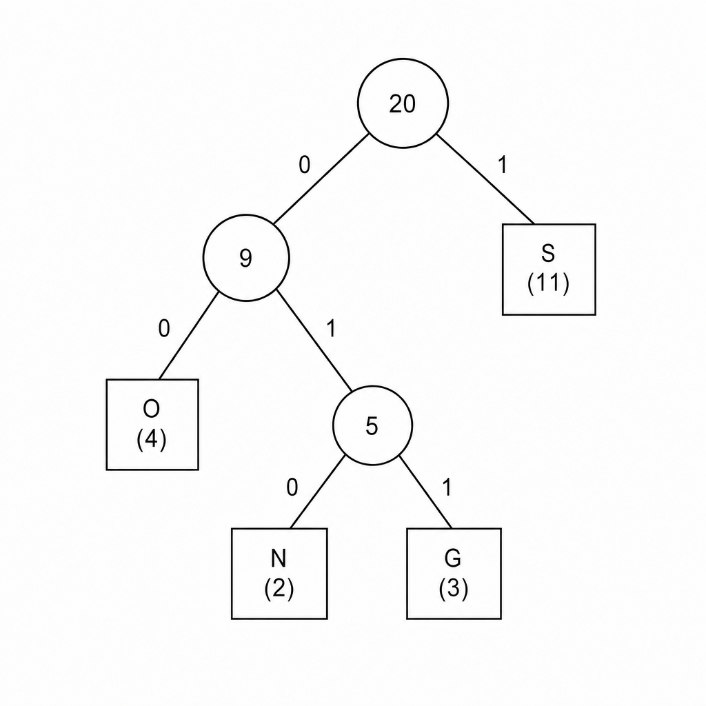 Figure 1: Huffman tree for characters S, O, N, and G