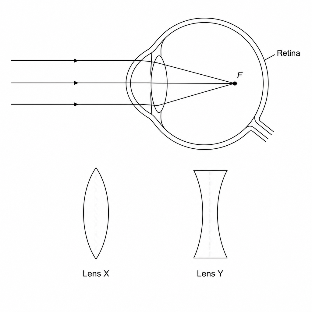 Figure 1: Diagram showing parallel light rays entering an eye and focusing in front of the retina, and two corrective lenses, Lens X and Lens Y