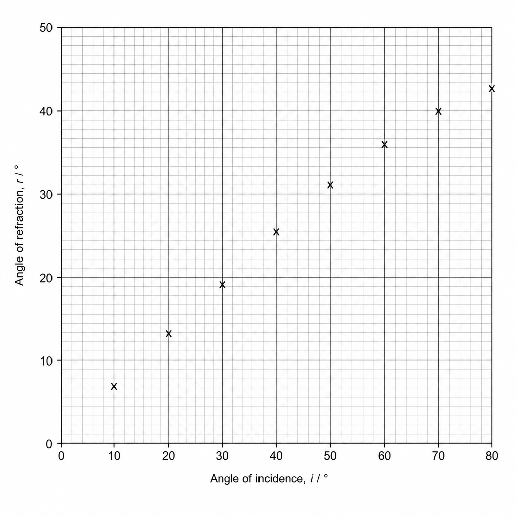 A graph grid showing 'Angle of refraction, r / °' on the vertical y-axis ranging from 0 to 50 with major grid lines every 10 units and minor grid lines every 2 units, and 'Angle of incidence, i / °' on the horizontal x-axis ranging from 0 to 80 with major grid lines every 10 units and minor grid lines every 2 units. Eight data points are plotted at: (10, 7), (20, 13), (30, 19), (40, 25), (50, 31), (60, 36), (70, 40), and (80, 43).