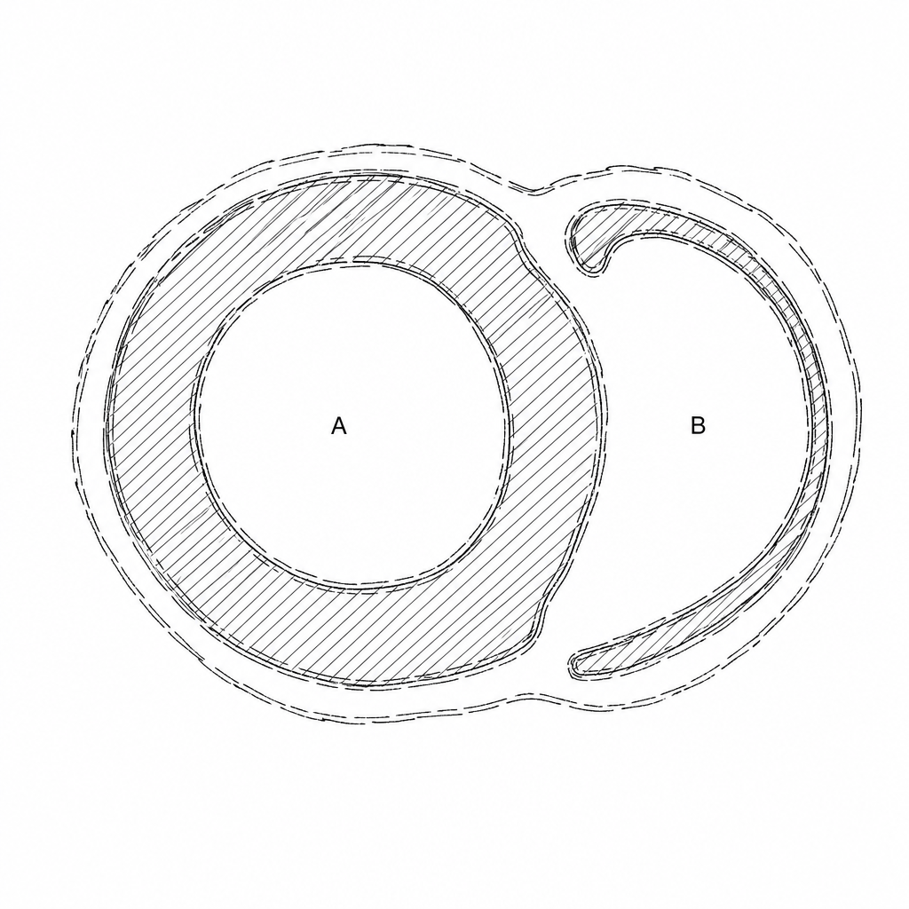 A scientific line drawing showing a transverse cross-section through the ventricles of a mammalian heart. The drawing consists of sketchy, multiple overlapping broken lines rather than a single continuous line. The muscular walls of both chambers are shaded with parallel diagonal lines (hatching). There are no labels, titles, or scale bars. One chamber, labeled A, has a very thick muscular wall. The other chamber, labeled B, has a much thinner muscular wall.