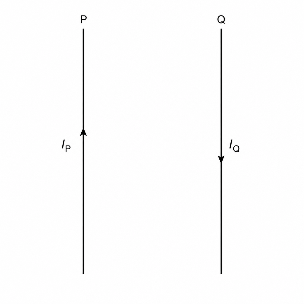 Two parallel vertical wires. Wire P is on the left with an upward current. Wire Q is on the right with a downward current.
