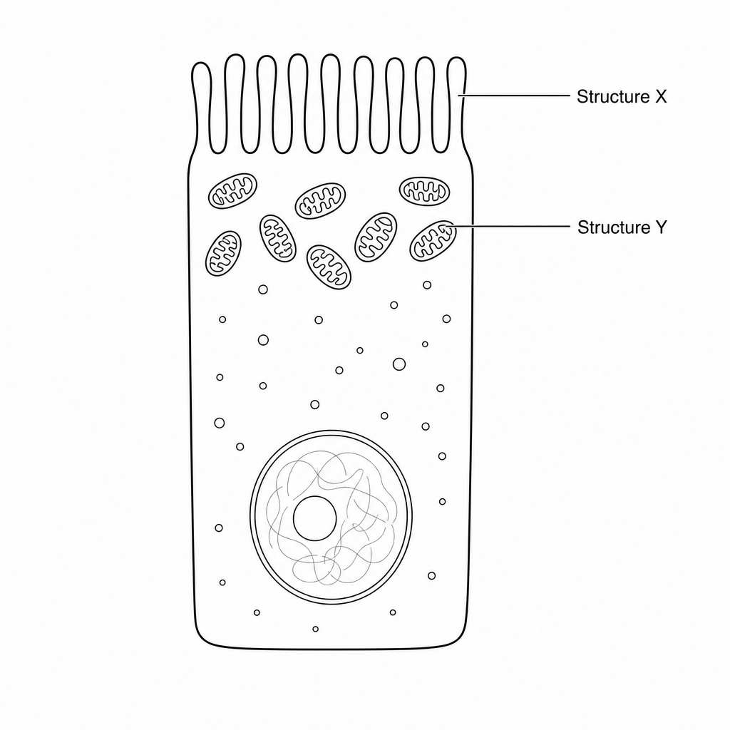 Specialized epithelial cell showing Structure X at the apical surface and Structure Y in the cytoplasm