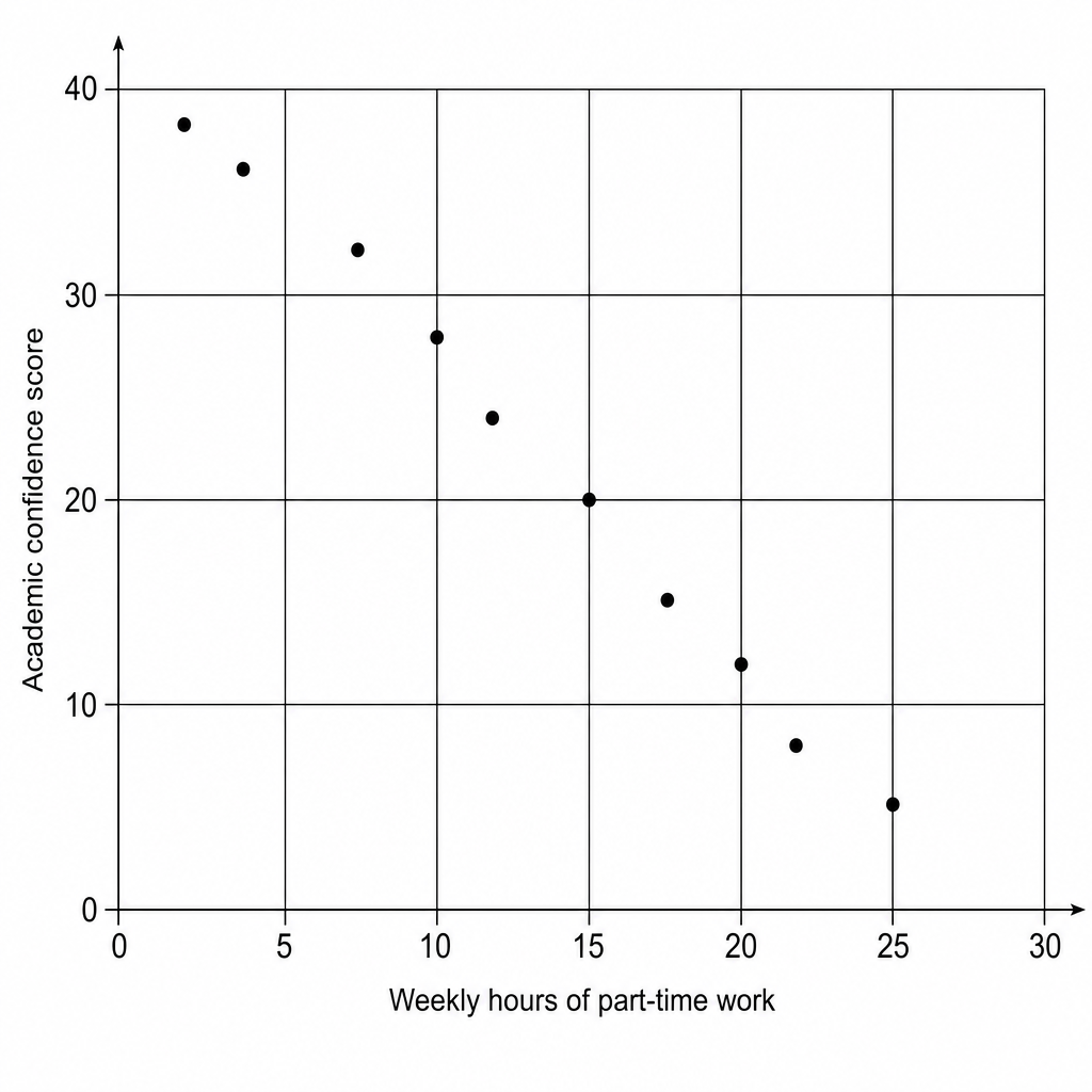 A scattergram template showing 'Weekly hours of part-time work' mapped on the x-axis from 0 to 30 and 'Academic confidence score' mapped on the y-axis from 0 to 40. Ten coordinates are plotted to depict a clear negative correlation, corresponding exactly to the data in Table 1.
