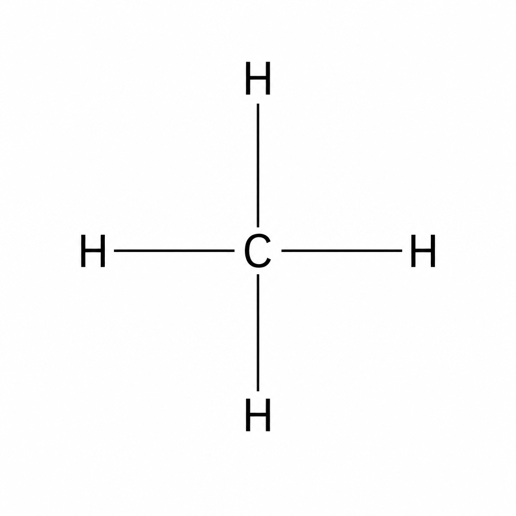 Displayed formula of methane: a central C atom single-bonded to four surrounding H atoms arranged cross-wise (top, bottom, left, and right).