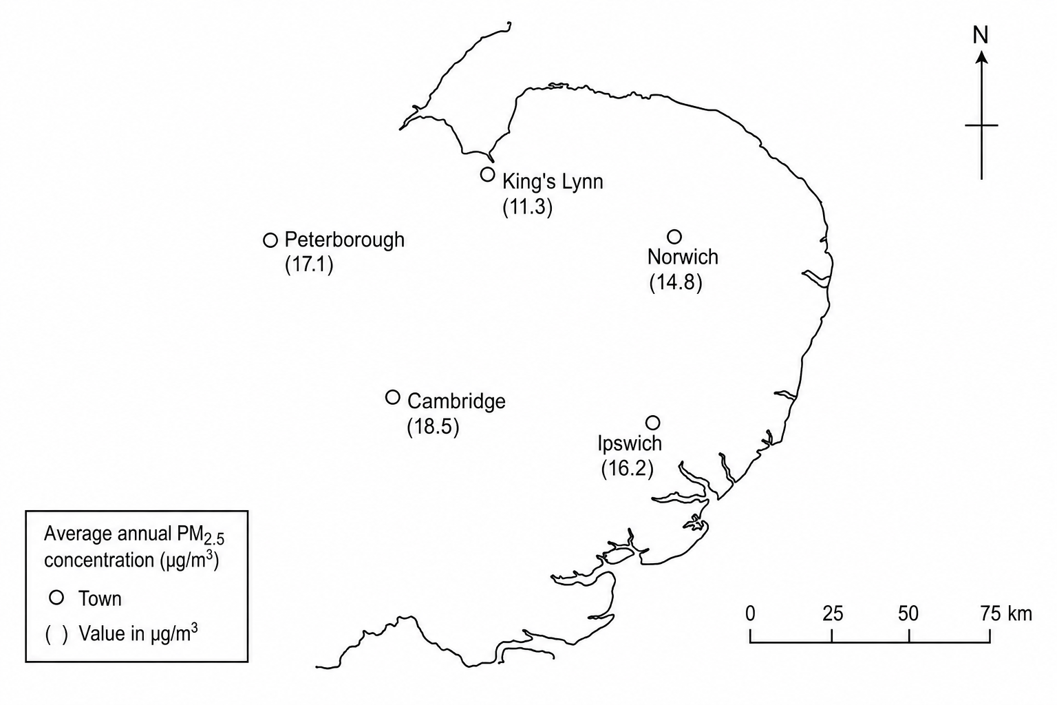Fig. 4: Map of East Anglia showing average annual PM2.5 air pollution concentration values for selected towns.