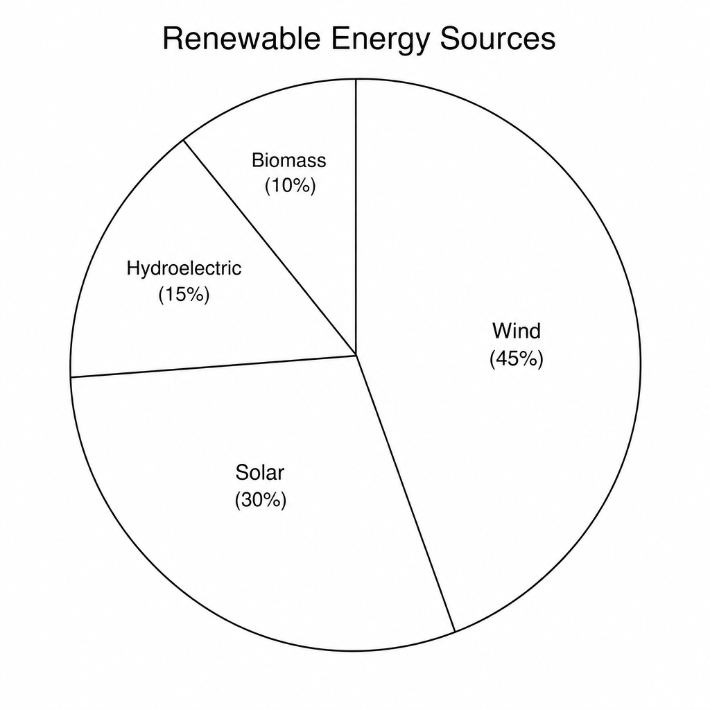 A pie chart titled 'Renewable Energy Sources' showing four sectors: Wind (45%), Solar (30%), Hydroelectric (15%), and Biomass (10%).