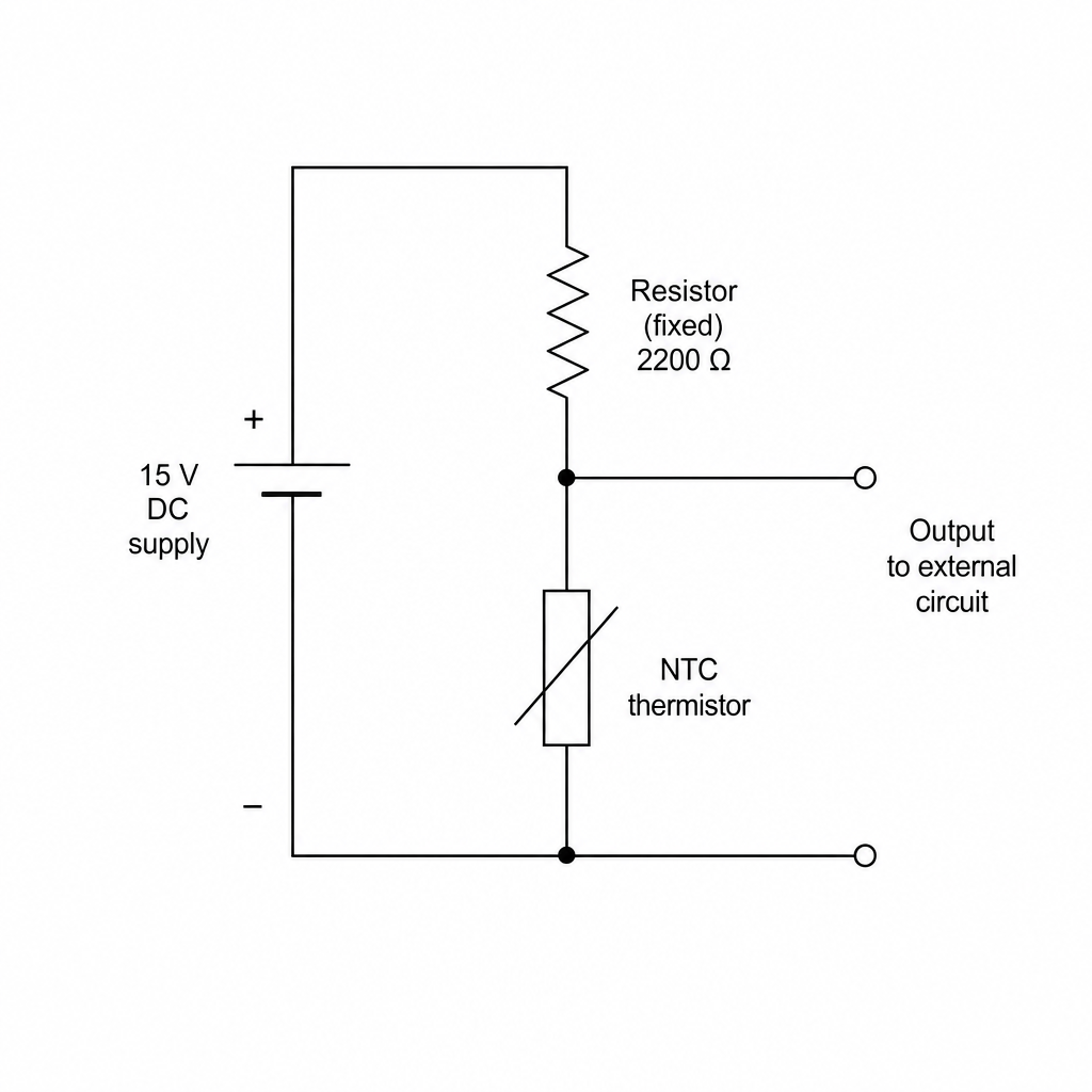 Circuit diagram with a 15V DC power supply, a 2200 ohm fixed resistor, and an NTC thermistor connected in series.