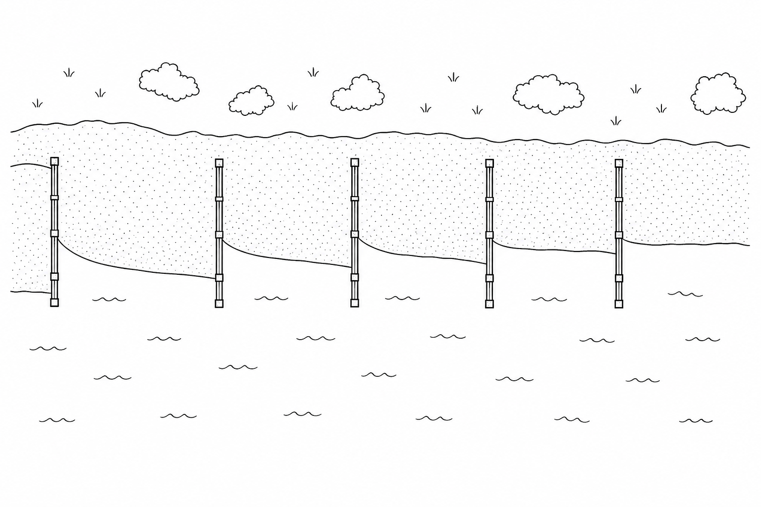 An aerial satellite view of a straight shoreline running west to east. Wooden groynes are positioned perpendicular to the shoreline, extending out into the sea. There is a distinct, wide build-up of golden sand on the western (left) side of every groyne, while the eastern (right) side of each groyne shows a significantly narrower beach with less sand.