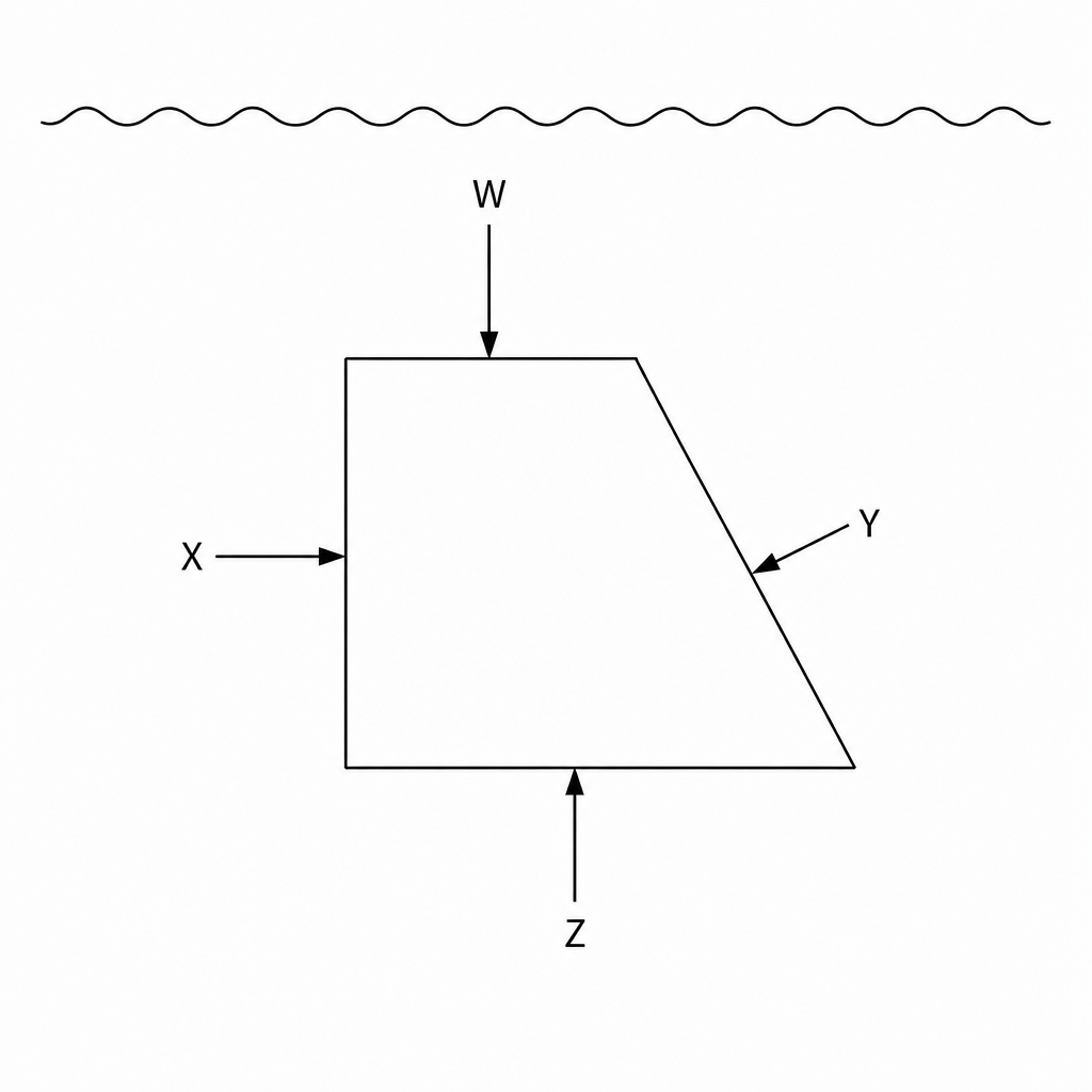 A diagram of a wedge-shaped block submerged in water.