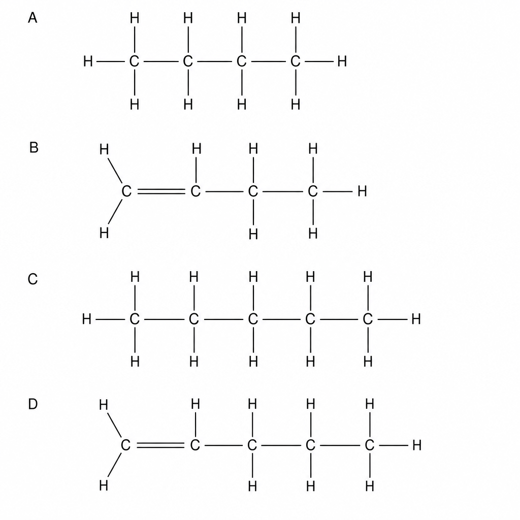 Four displayed organic chemical structures labeled A, B, C, and D.