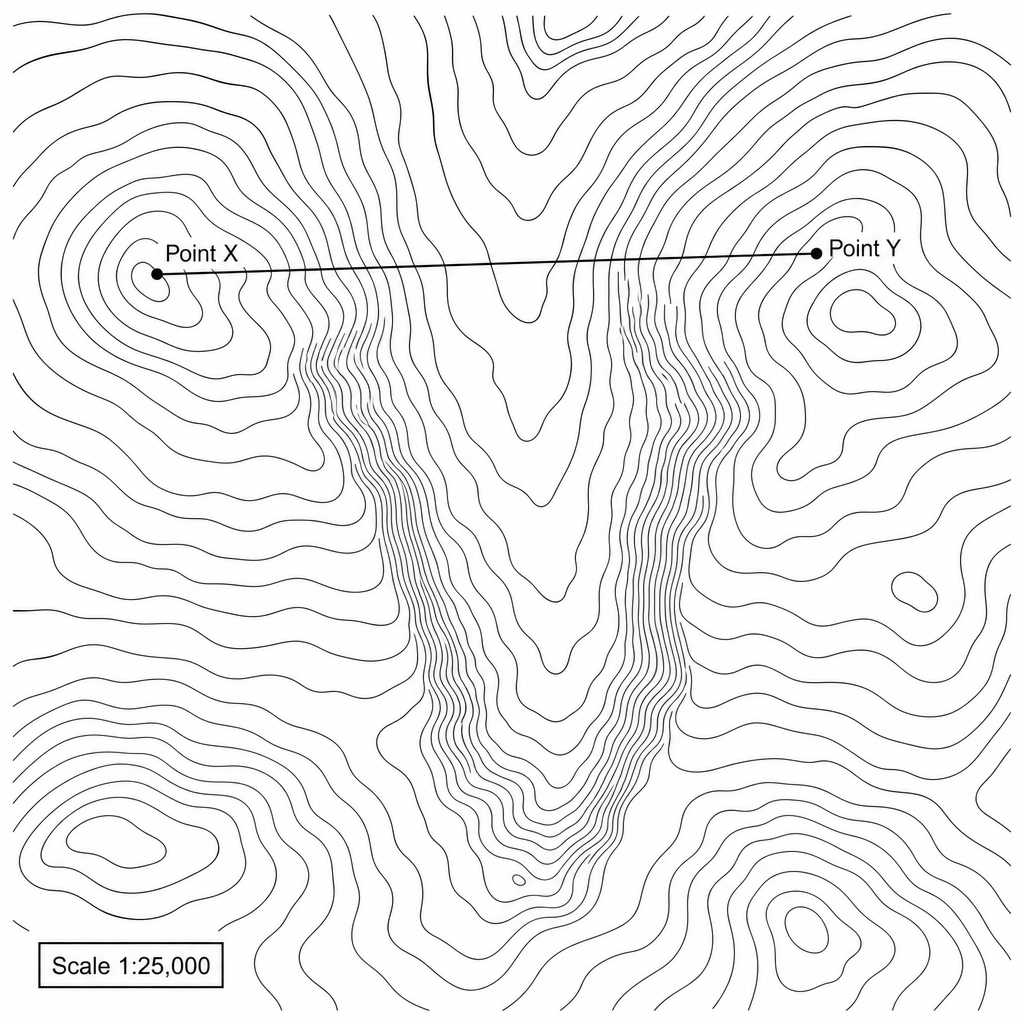 Figure 1: A topographic contour map of a glaciated upland valley with steep sides, showing Point X and Point Y connected by a straight line. The map scale is 1:25,000.