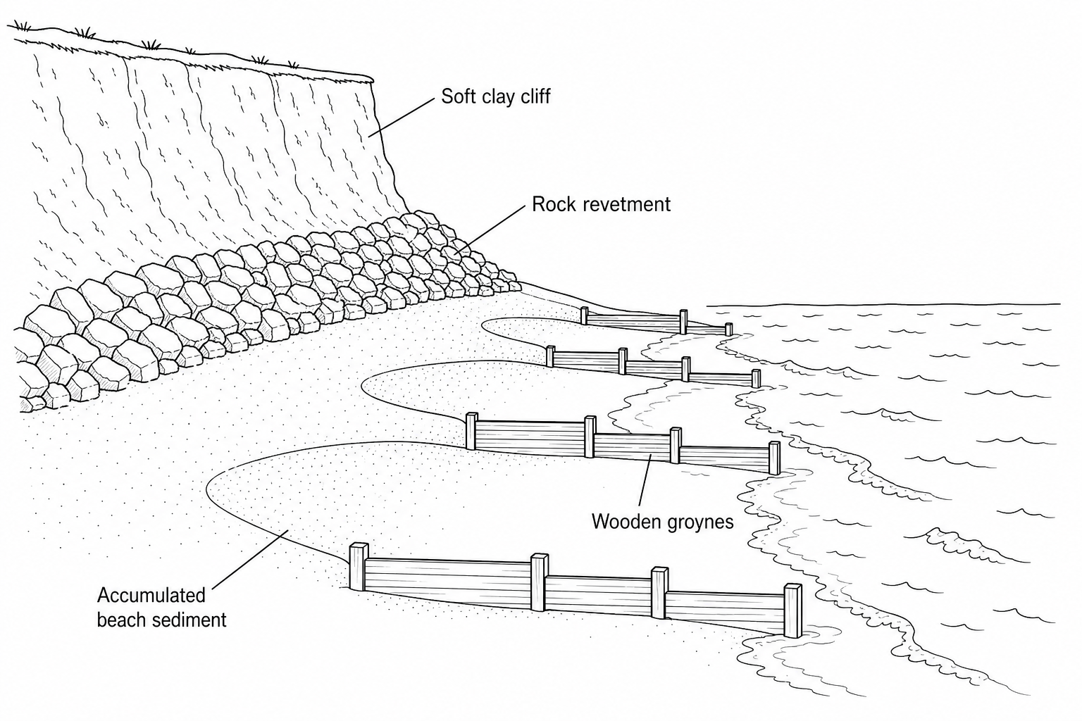 Figure 8: Coastal management defences on a UK coastline, showing a soft clay cliff protected by a sloping rock revetment at its base, and wooden groynes built across the beach, trapping accumulated beach sediment on one side.