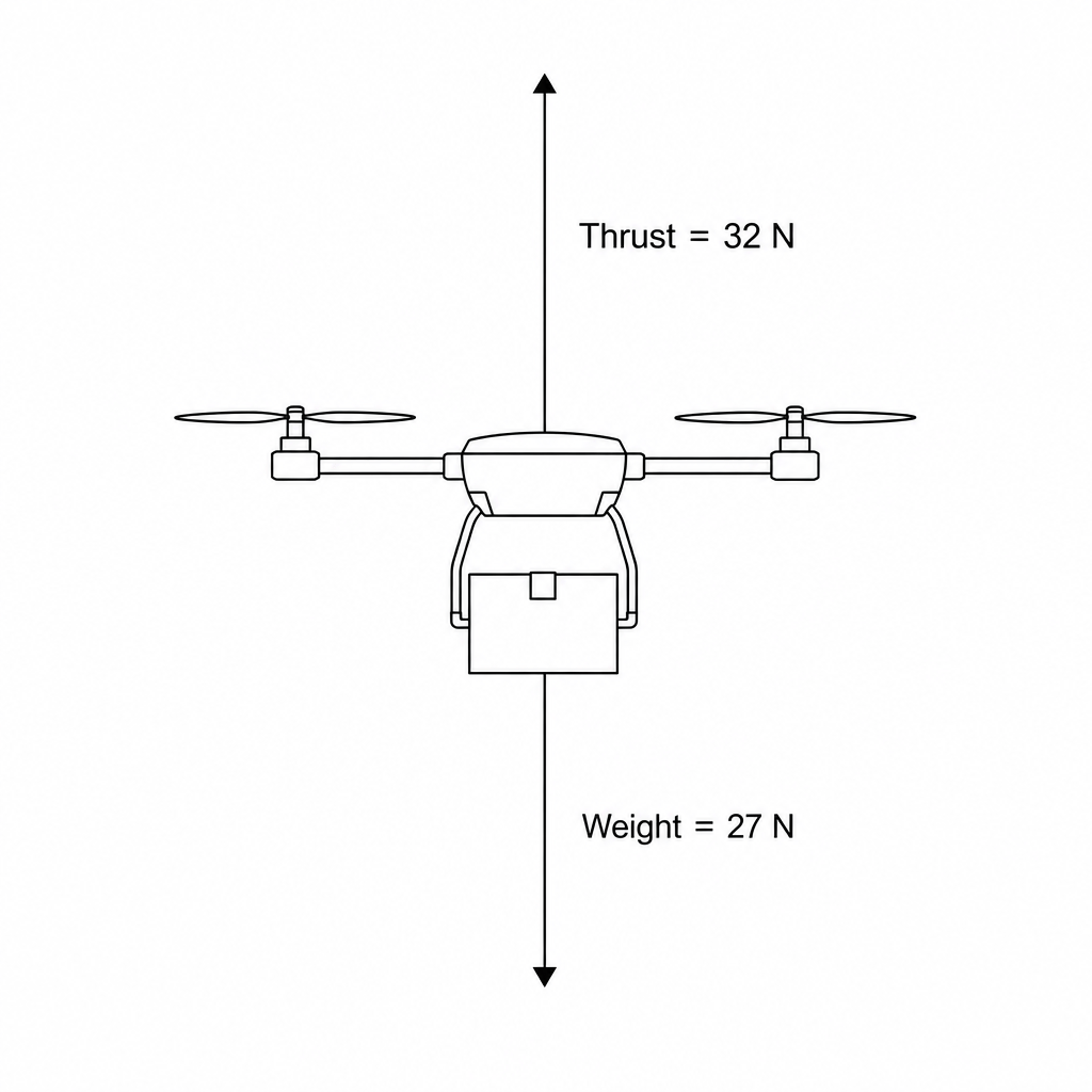 A delivery drone with a vertical upward force arrow labelled 'Thrust = 32 N' and a vertical downward force arrow labelled 'Weight = 27 N'.