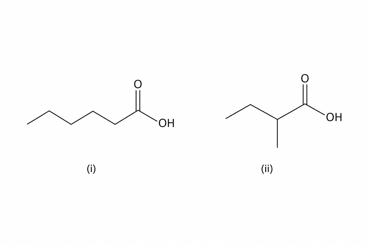 Skeletal structures of pentanoic acid and 3-methylbutanoic acid
