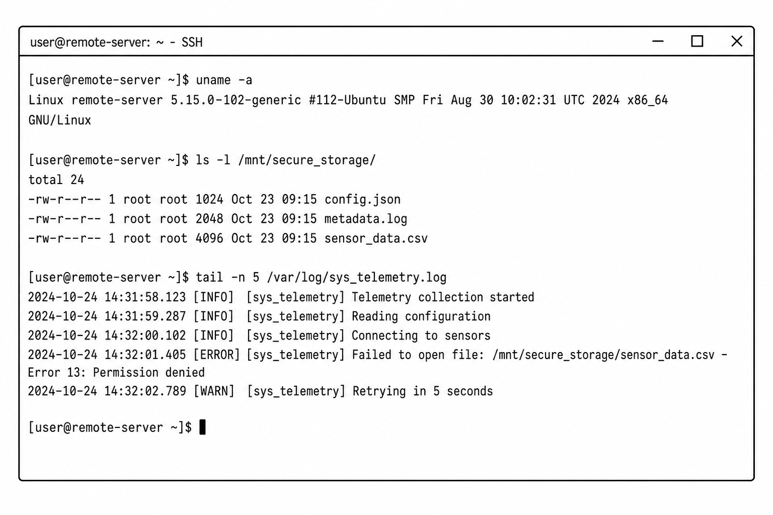 SSH terminal session showing directory listing and log file output