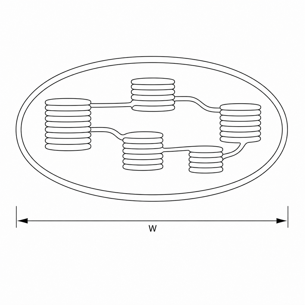 A diagram representing a chloroplast with a horizontal double-headed arrow labeled W indicating its maximum width