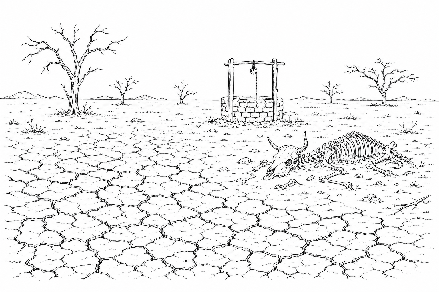 Figure 1: A dry Sahelian landscape during a severe drought showing cracked earth, a cattle skeleton, a dry stone well, and withered trees.
