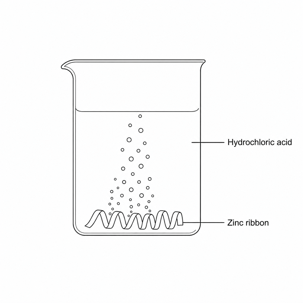 A beaker containing dilute hydrochloric acid with bubbles of gas rising from a piece of zinc ribbon at the bottom. The diagram features two labels: 'Hydrochloric acid' pointing to the liquid inside the beaker, and 'Zinc ribbon' pointing to the coiled ribbon at the bottom.