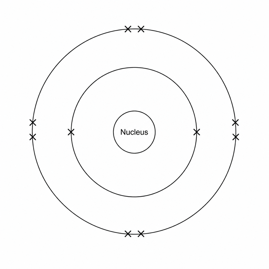 Figure 1: Diagram of a neon atom. The diagram shows a central nucleus containing protons and neutrons, surrounded by two concentric circles representing electron shells. The inner shell contains 2 electrons, and the outer shell contains 8 electrons.