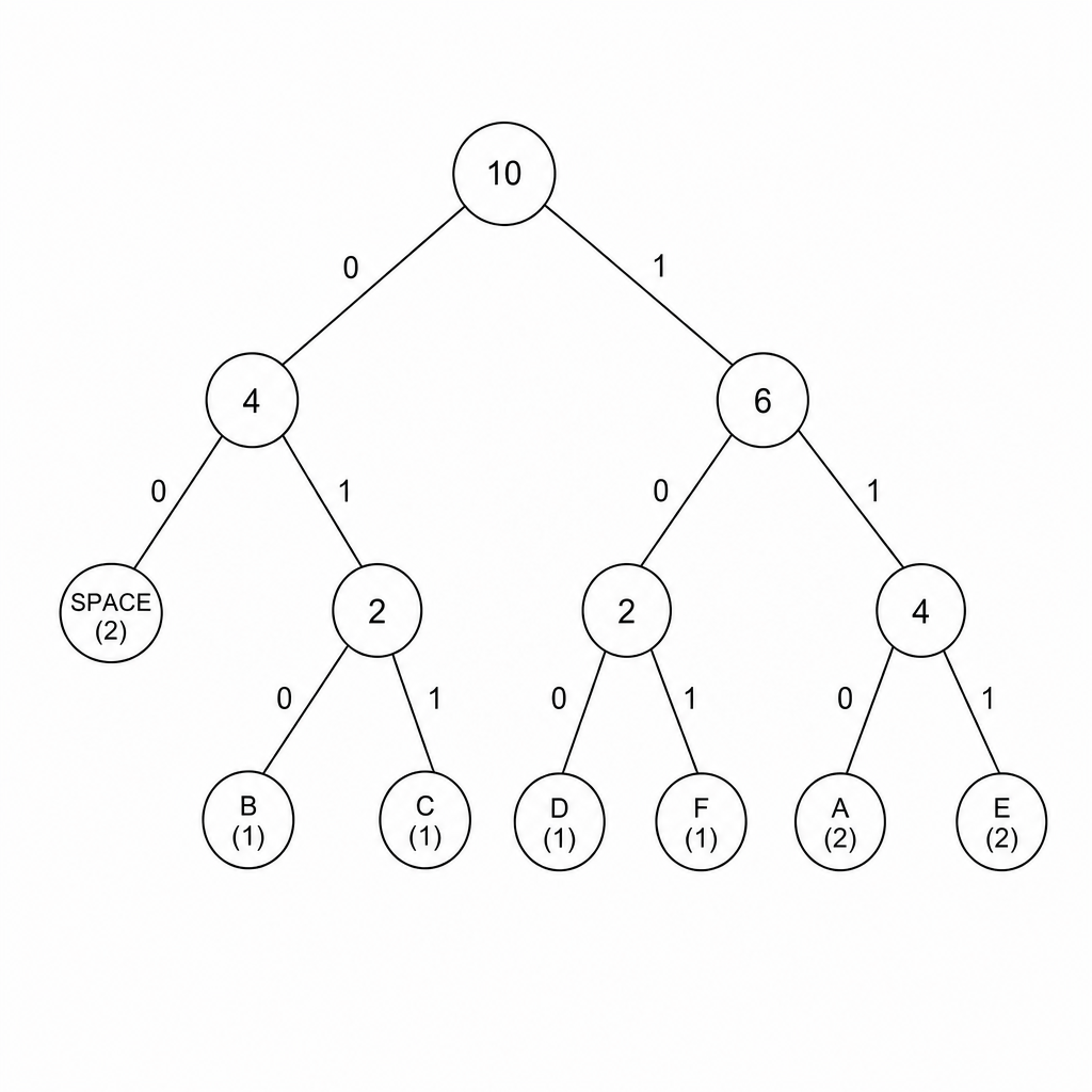 Huffman tree for A, B, C, D, E, F and SPACE