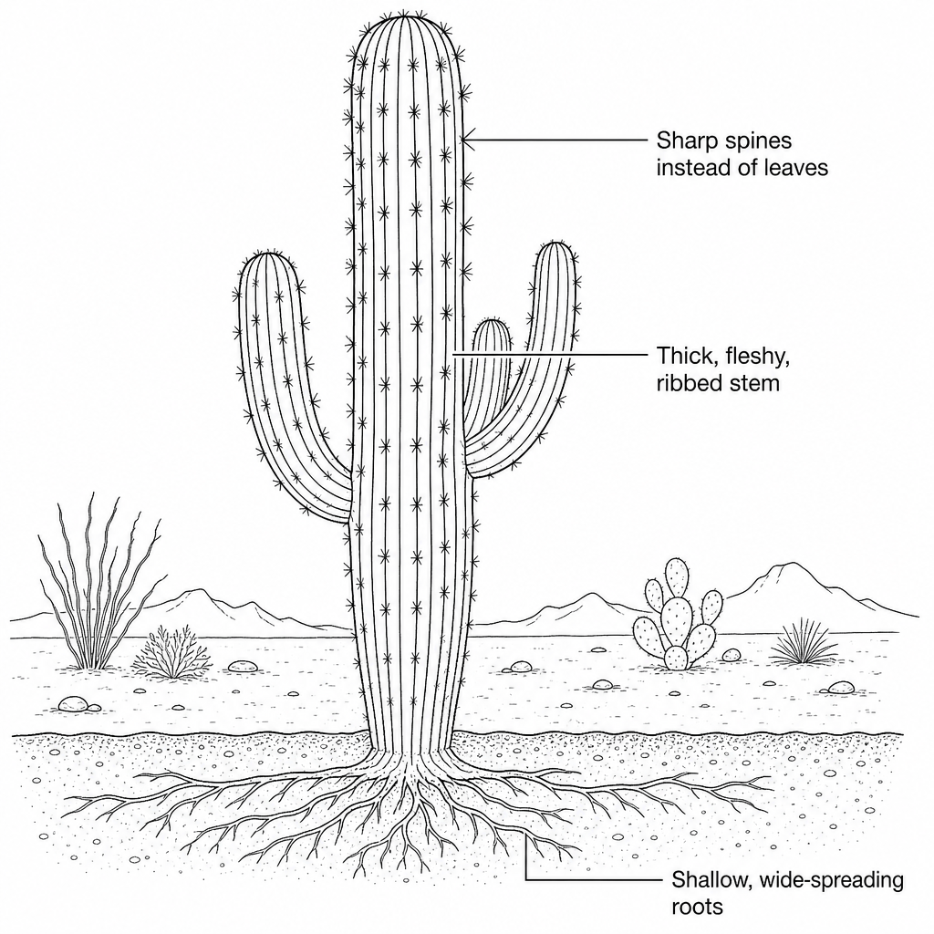 Figure 4b: A photograph of a hot desert landscape in Arizona, USA. It features a tall Saguaro cactus with a thick, ribbed, fleshy green stem, sharp protective spines instead of leaves, and a shallow but wide-spreading root system visible at the dry, dusty soil surface.