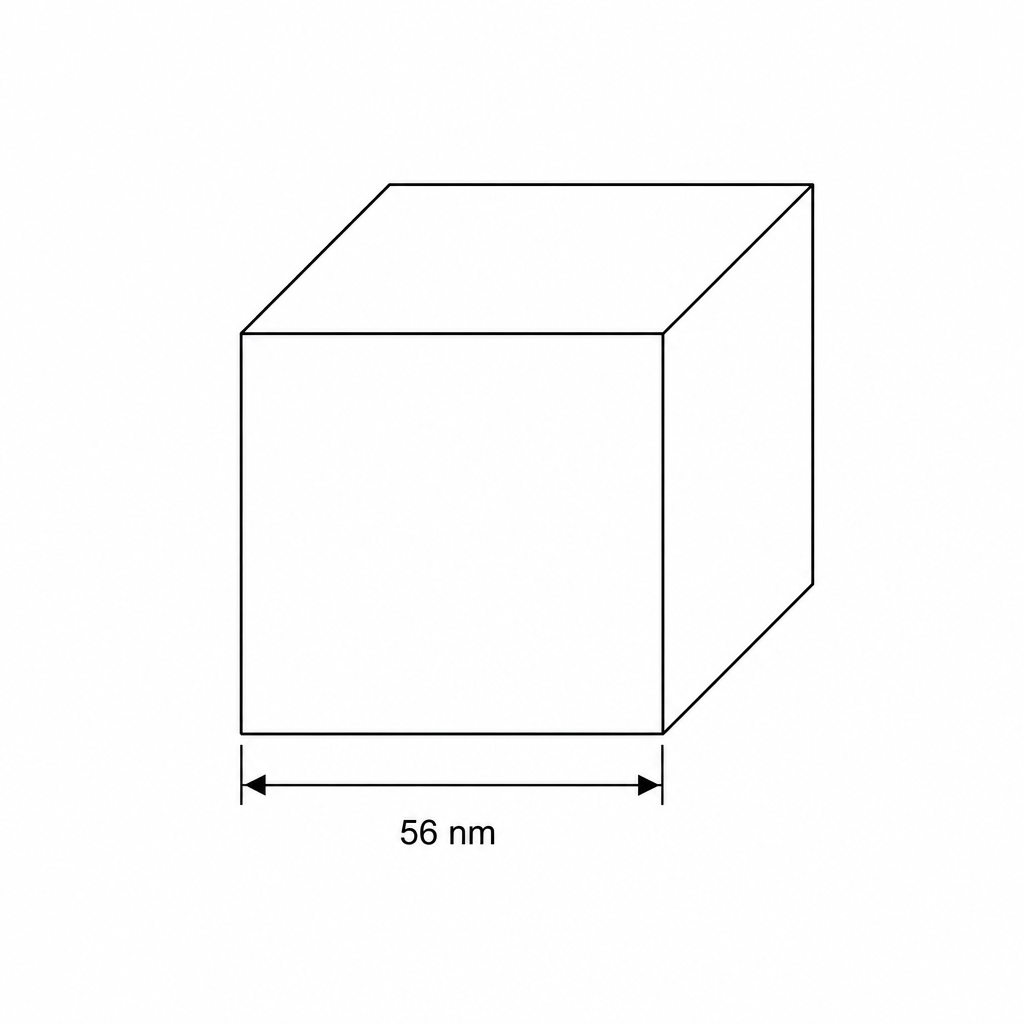 A diagram representing a 3D cube model of a titanium dioxide nanoparticle. The width of the top face is labeled with a double-headed horizontal arrow indicating a length of 56 nm.