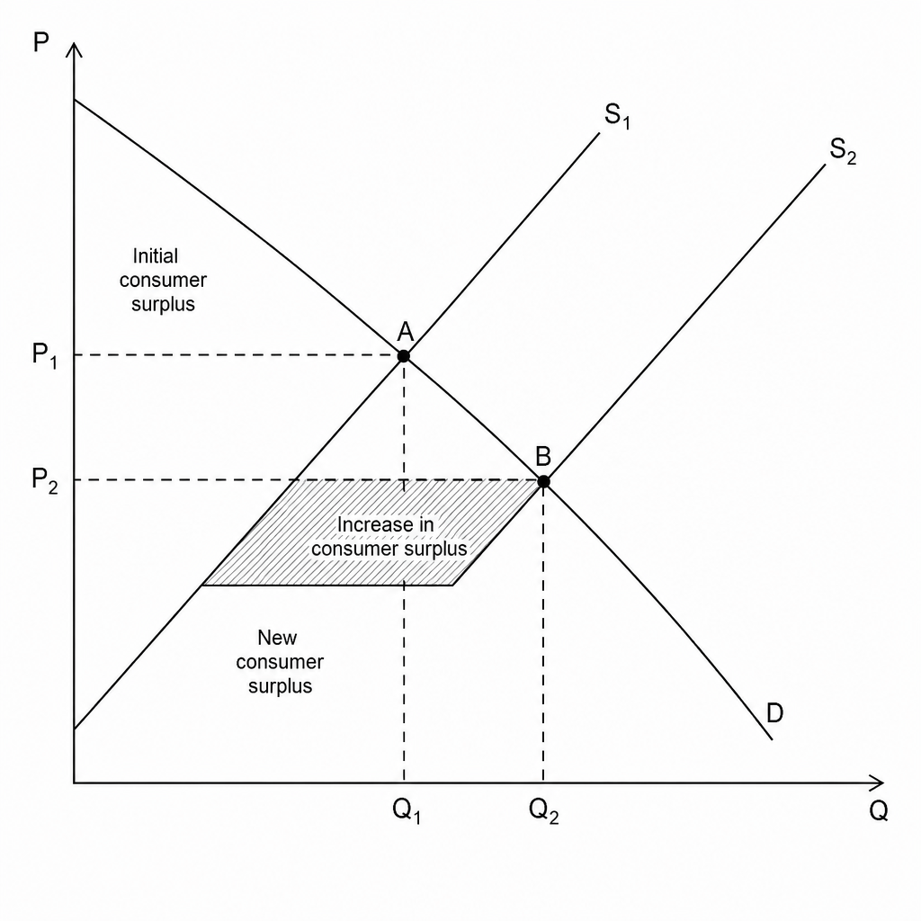 A supply and demand diagram illustrating an increase in supply and its effect on consumer surplus for commercial vertical farming systems.