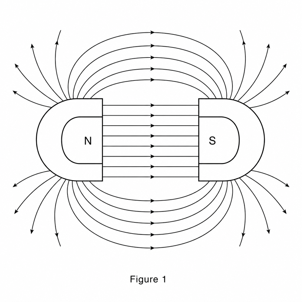 Figure 1: Diagram showing the magnetic field lines in and around the gap between the N and S poles of a magnet.