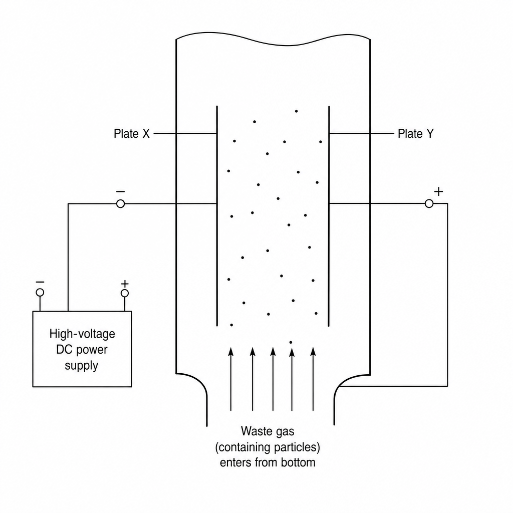A simplified diagram of an industrial electrostatic precipitator.