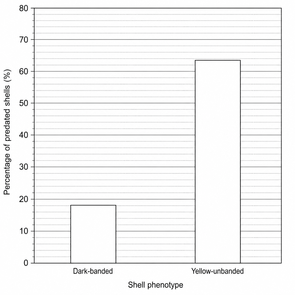A bar chart showing the percentage of predated artificial snail shells by shell phenotype