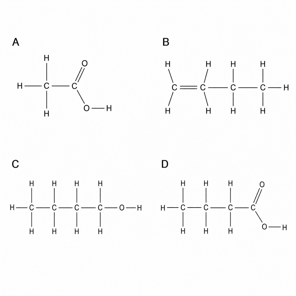 Displayed chemical structures labeled A, B, C, and D