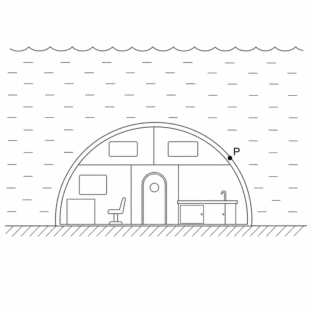 A cross-section of a hemispherical underwater habitat resting on the seabed, surrounded by water, with a point P marked on the curved outer surface.