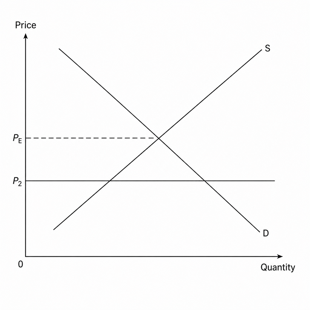Supply and demand diagram showing price P2 below equilibrium price PE