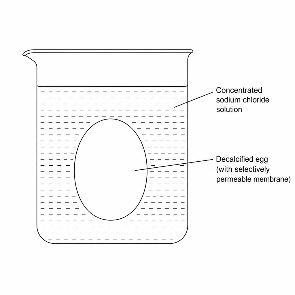 Experimental setup showing a decalcified egg in concentrated saline solution