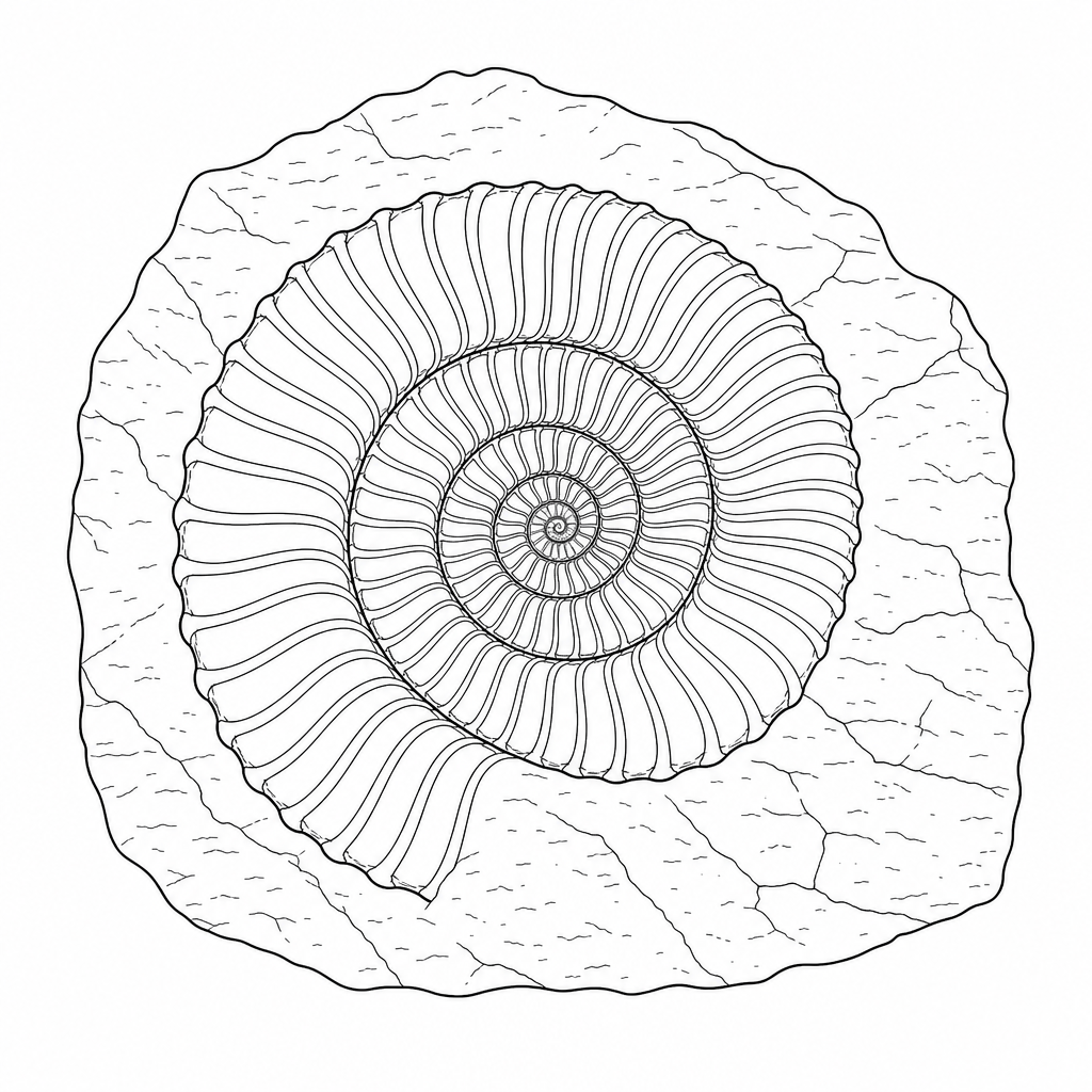 An ammonite fossil shell showing a distinct spiral shape with ribbed chambers preserved in sedimentary rock.