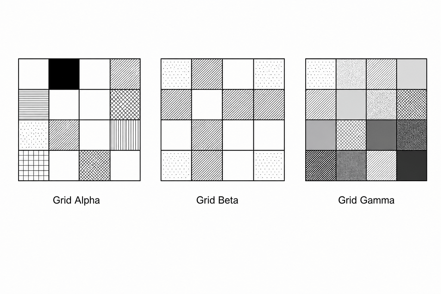 Three pixel-art grids representing image files. Grid Alpha: A 4x4 pixel grid using exactly 8 unique colors (red, green, blue, yellow, magenta, cyan, black, and white). Grid Beta: A 4x4 pixel grid using exactly 3 unique colors (gold, indigo, and white). Grid Gamma: A 4x4 pixel grid using exactly 12 unique shades of grey.