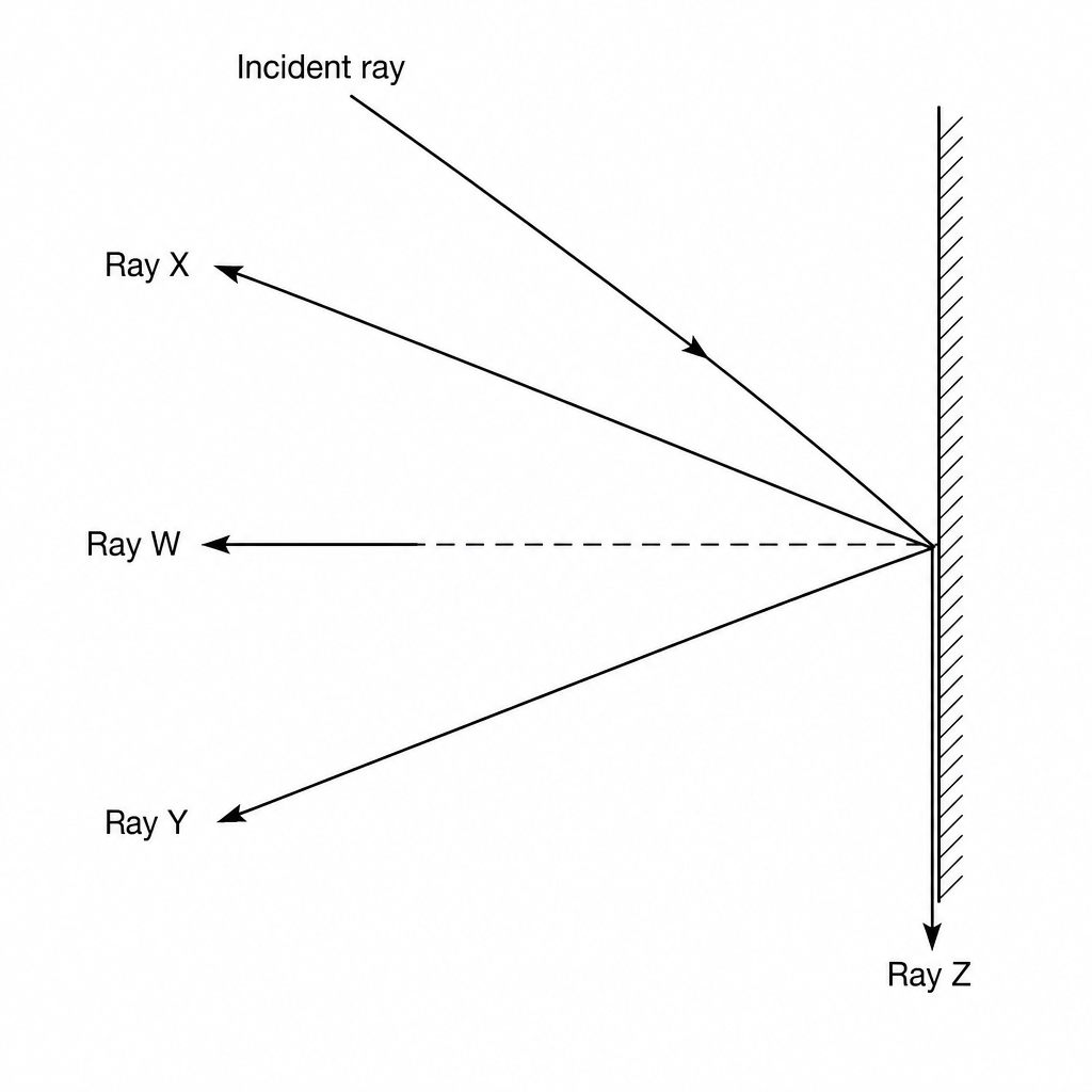 Vertical plane mirror with an incident ray and four possible reflected rays W, X, Y, and Z