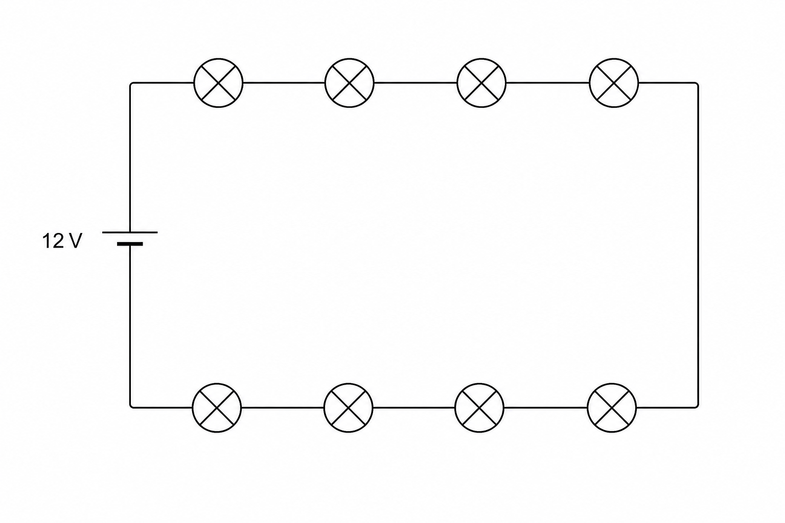A circuit diagram containing eight identical filament lamps in series with a 12 V battery.