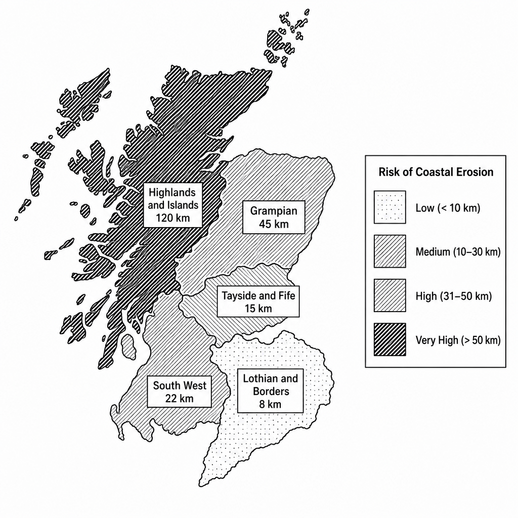 Figure 3: A thematic choropleth map of Scotland showing five coastal regions and their estimated length of coastline at high risk of erosion by 2050. The map key shows categories: Low (under 10 km), Medium (10 to 30 km), High (31 to 50 km), and Very High (over 50 km). On the map: Highlands and Islands is shaded 'Very High' (labeled 120 km); Grampian is shaded 'High' (labeled 45 km); Tayside and Fife is shaded 'Medium' (labeled 15 km); South West is shaded 'Medium' (labeled 22 km); and Lothian and Borders is shaded 'Low' (labeled 8 km).