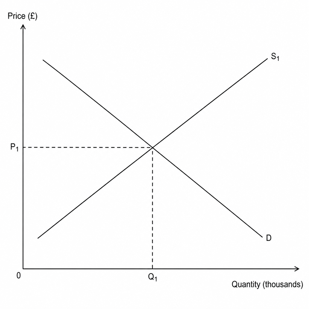 A demand and supply diagram for residential heat pumps. The vertical axis is labeled 'Price (£)' and has a price point 'P1' marked. The horizontal axis is labeled 'Quantity (thousands)' and has a quantity 'Q1' marked. There is a downward-sloping demand curve labeled 'D' and an upward-sloping supply curve labeled 'S1'. Dashed projection lines connect P1 and Q1 to the initial equilibrium point where D and S1 intersect. The origin is marked '0'.