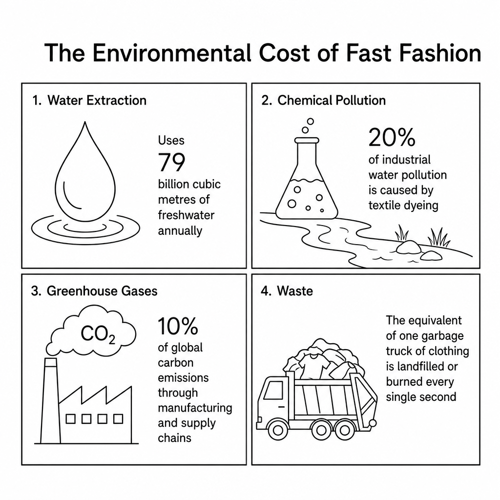An infographic titled 'The Environmental Cost of Fast Fashion'. It displays four main statistics: 1. Water Extraction: Uses 79 billion cubic metres of freshwater annually. 2. Chemical Pollution: 20% of industrial water pollution is caused by textile dyeing. 3. Greenhouse Gases: Produces 10% of global carbon emissions through manufacturing and supply chains. 4. Waste: The equivalent of one garbage truck of clothing is landfilled or burned every single second.