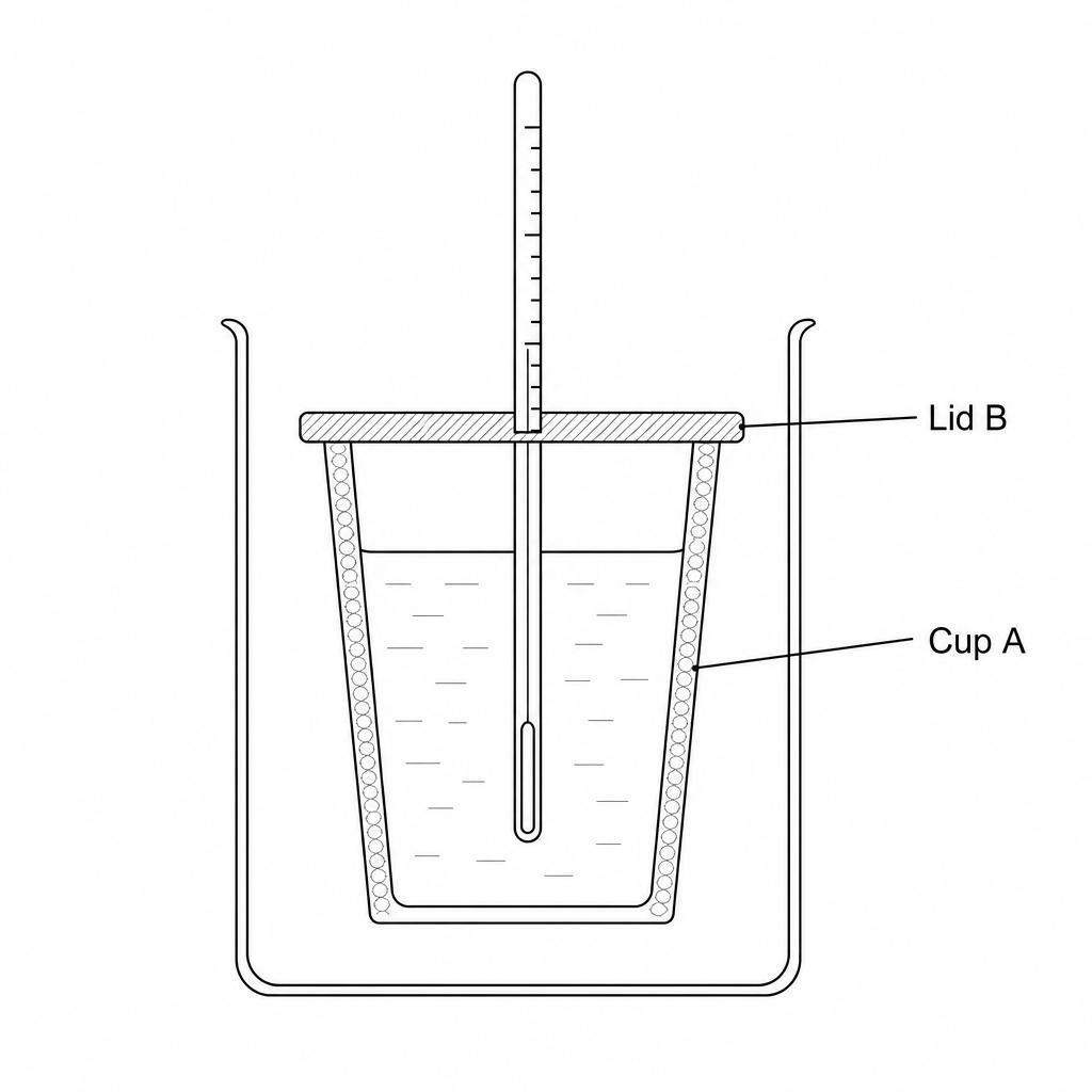 A diagram of a simple calorimetry setup showing a polystyrene cup (labeled Cup A) containing a reaction mixture, supported inside a glass beaker, with a plastic lid (labeled Lid B) on top and a thermometer passing through it into the liquid.