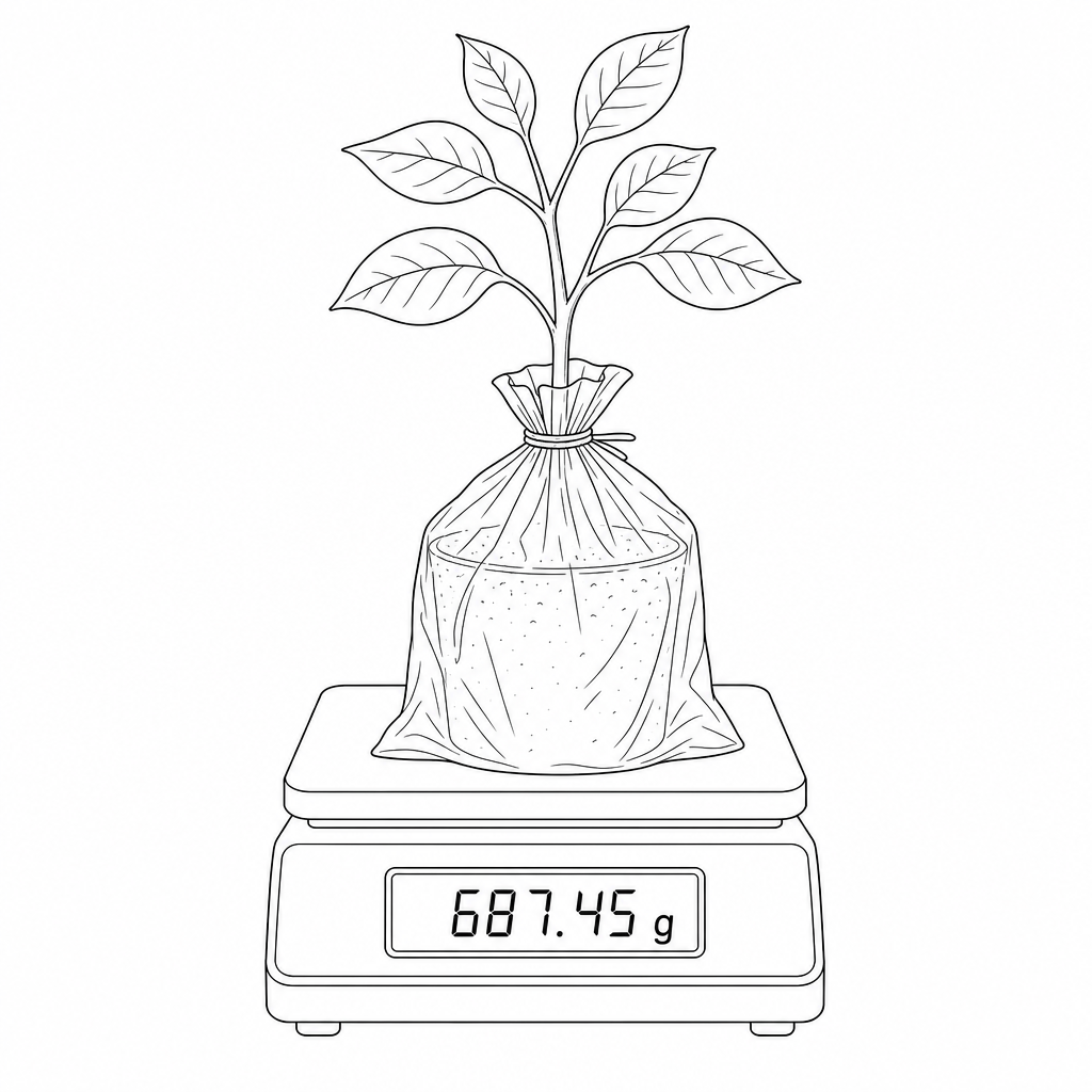 An experimental setup showing a potted plant on a digital scale with the pot and soil sealed in a waterproof bag.