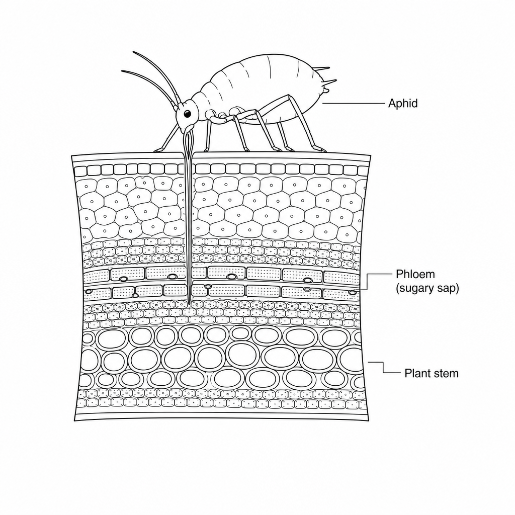 Diagram showing an aphid feeding on the sugary sap in the phloem of a plant stem.