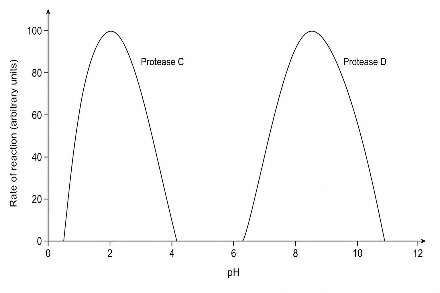 Graph showing rate of reaction of Protease C and Protease D at different pH levels