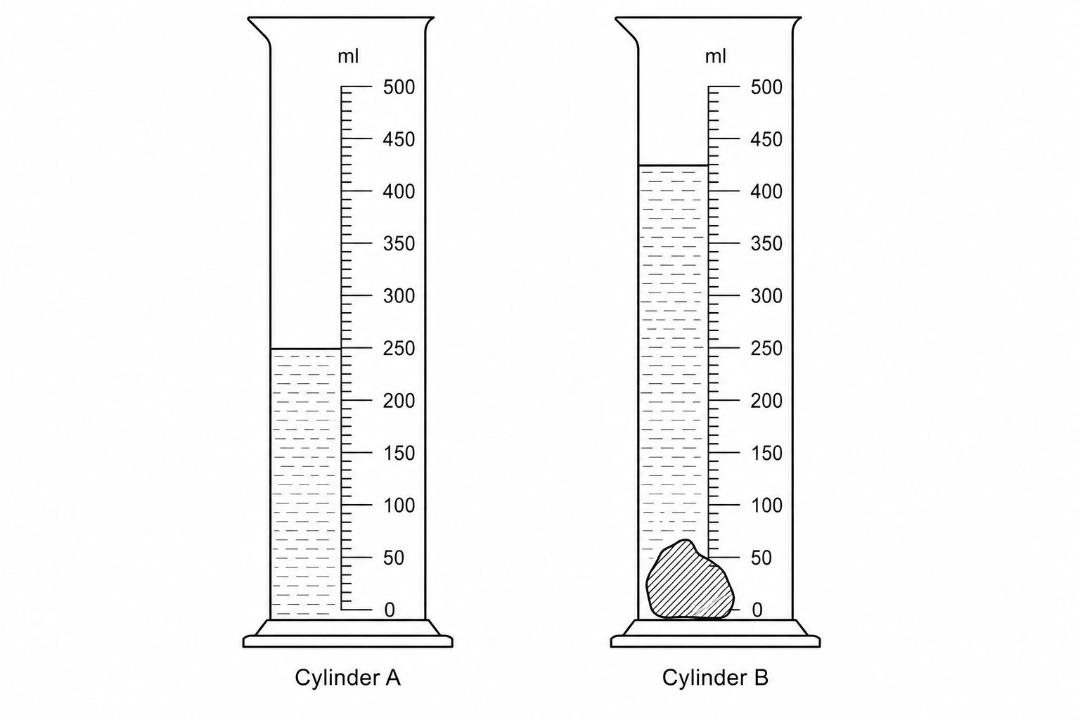 Figure 1: Two identical measuring cylinders. Cylinder A contains water only, with the meniscus level exactly at the 250 ml mark on a scale graduated in 50 ml intervals. Cylinder B contains the same water with a submerged decorative stone, and the meniscus is now halfway between the 400 ml and 450 ml marks, estimated at 425 ml.