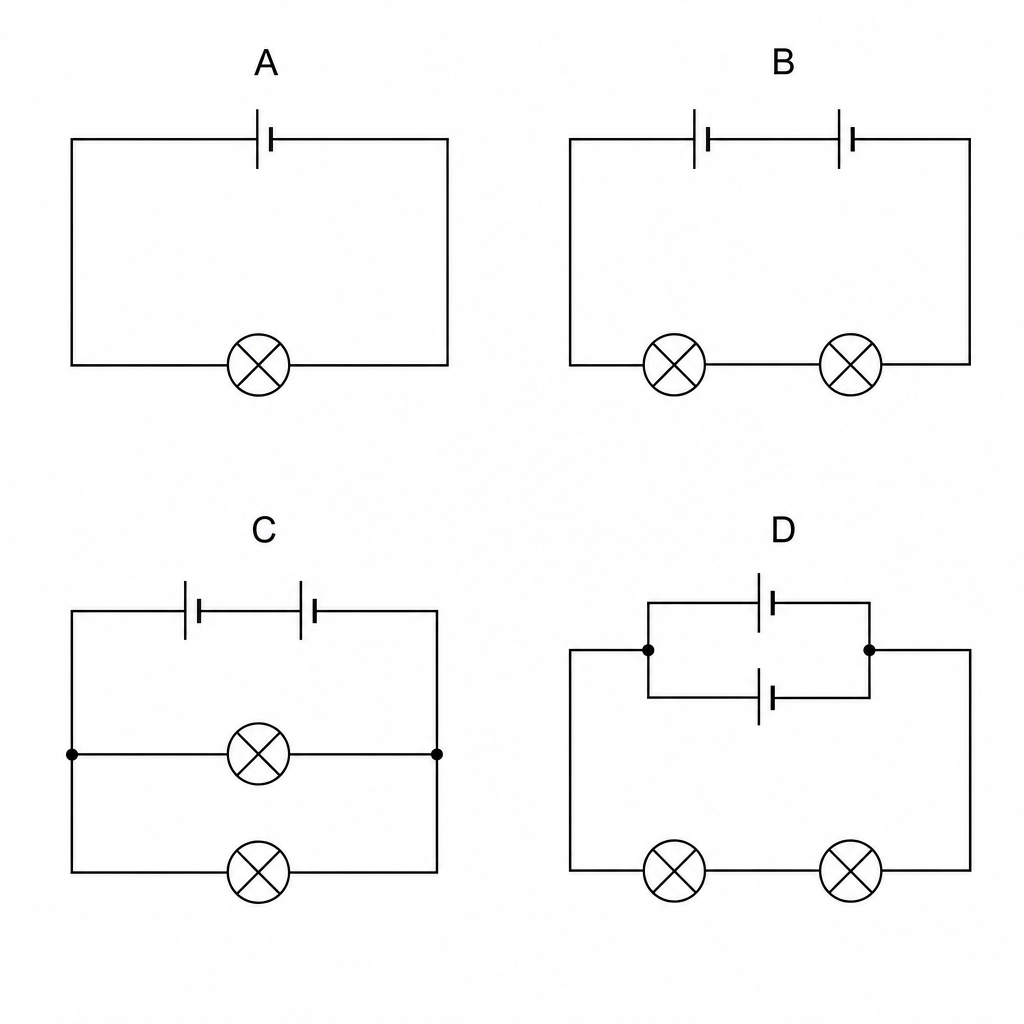 Four circuit diagrams labeled A, B, C, and D