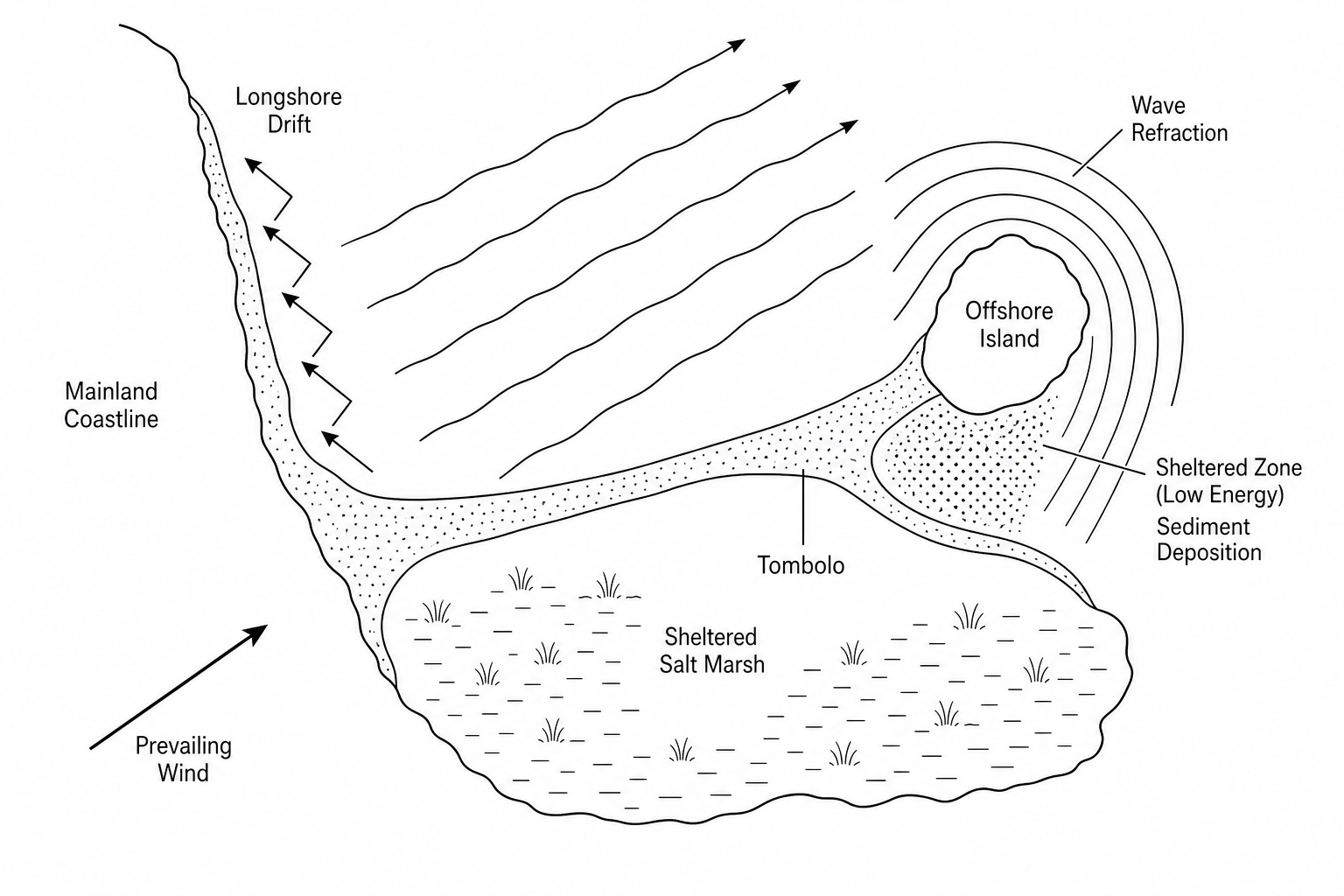 Figure 2: Labeled geographic diagram showing the formation of a tombolo. The diagram illustrates a mainland coastline on the left and an offshore island on the right. An arrow representing the prevailing wind blows from the southwest towards the northeast. This drives waves at an angle to the coastline, with arrows showing the zig-zag movement of sand and shingle via longshore drift along the beach. An spit-like accumulation of sediment is shown growing out from the mainland towards the offshore island. Around the island, wave refraction is depicted with curved lines showing energy dissipating in the sheltered zone behind the island. This calm area of low wave energy is labeled as a zone of sediment deposition, where the spit has joined the island to the mainland, completing the tombolo. A sheltered salt marsh is labeled in the protected lee behind the tombolo. 