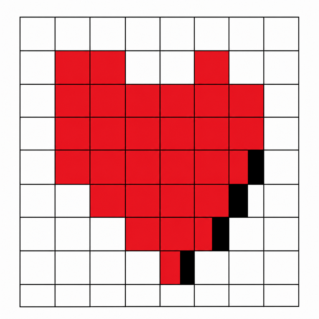 An 8x8 pixel grid of a heart icon. The heart shape is depicted in red pixels, the background is white pixels, and a shadow outline is depicted in black pixels. The total number of columns is 8, and the total number of rows is 8.
