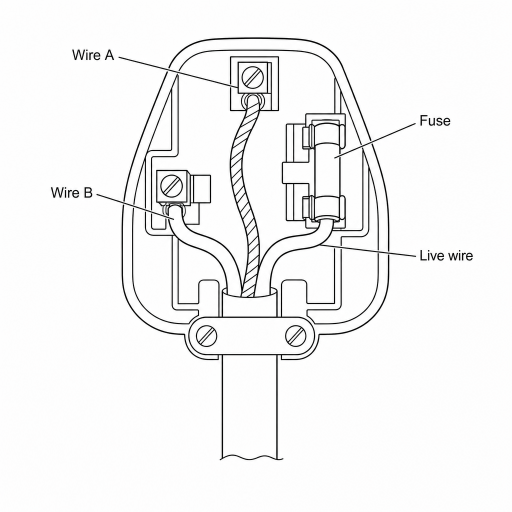 A diagram of the inside of a three-pin mains plug. A cable enters from the bottom through a cable grip. Three insulated wires emerge from the cable: wire A connects to the top pin terminal; wire B connects to the left-hand pin terminal; the live wire connects to the right-hand pin terminal through a fuse cylinder.
